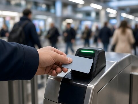Close-up of commuter hand tapping contactless smart card on metro station fare gate reader, cashless public transport payment concept