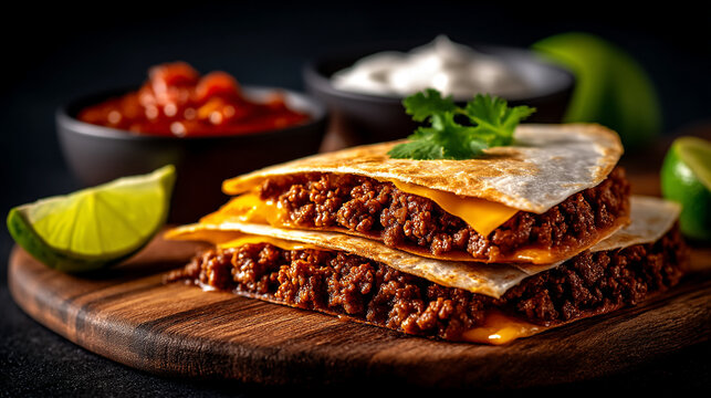 Delicious mexican beef quesadillas with melted cheese lime slices and dipping sauces on a dark