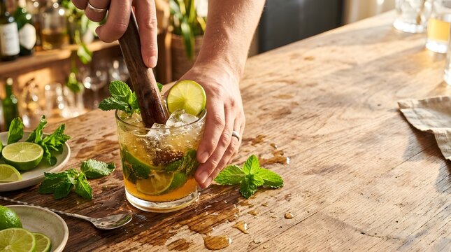 Hands muddling fresh lime and mint in a glass for a cold cocktail