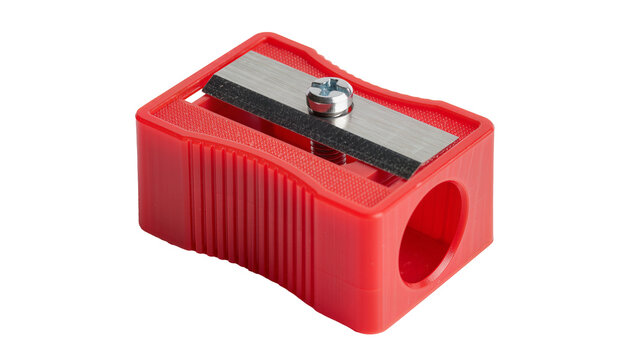 Bright red plastic pencil sharpener with metal blade, isolated on transparent background