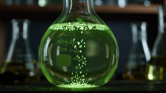Green liquid bubbles in a glass flask during a chemistry experiment in a laboratory