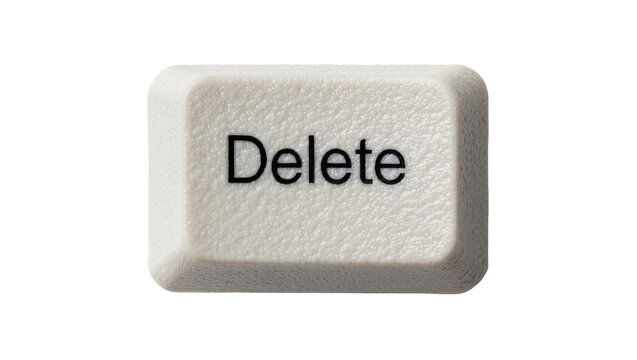 Single white plastic delete key with black text, isolated on transparent background