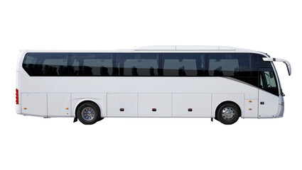 Modern white coach bus with tinted windows, isolated on transparent background © Aliona