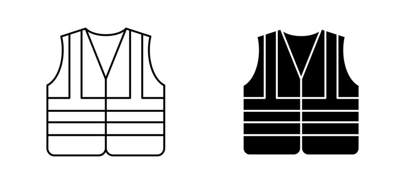 Safety vest icon set with outline and solid black high visibility work jackets editable stroke