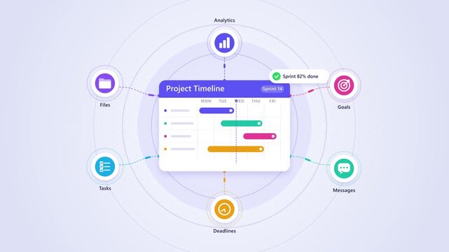 Project timeline graphic evolving with circular progress indicators against a soft gradient background