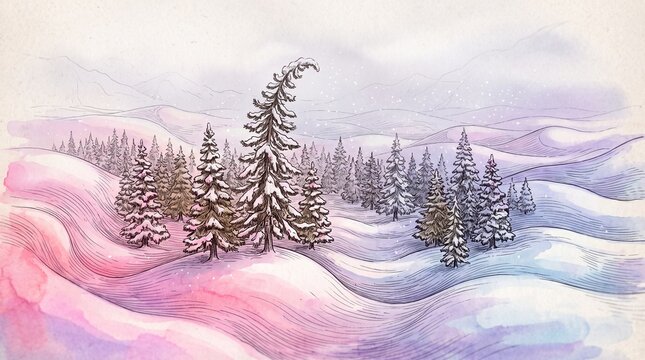 Winter landscape with pine trees and rolling snow-covered hills  