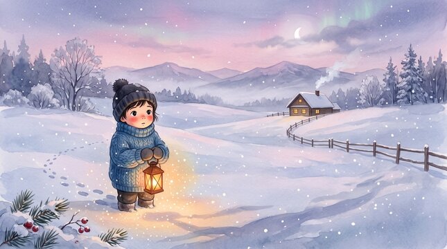 Child holding lantern in snowy landscape during winter evening  