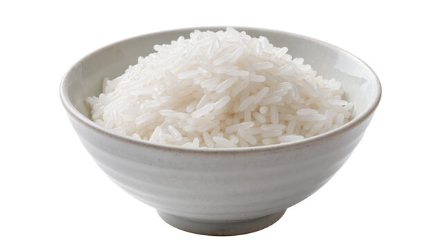 White rice in a ceramic bowl, isolated on transparent background