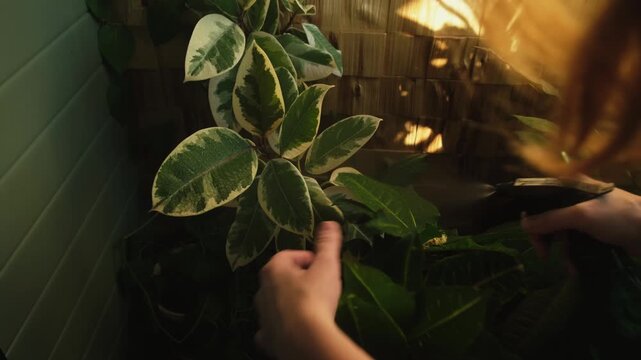 Woman spraying variegated ficus elastica tineke houseplant. Home gardening, plants care