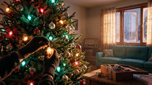 Hands decorating a Christmas tree with colorful ornaments in cozy living room  
