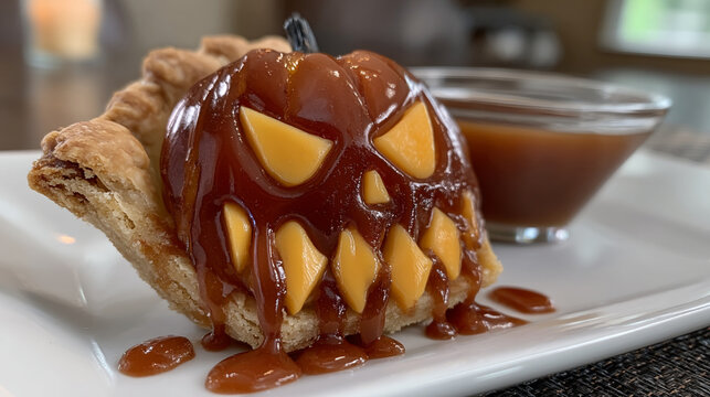 Jack o lantern pumpkin pie pastry drizzled with caramel sauce slice baked goods halloween