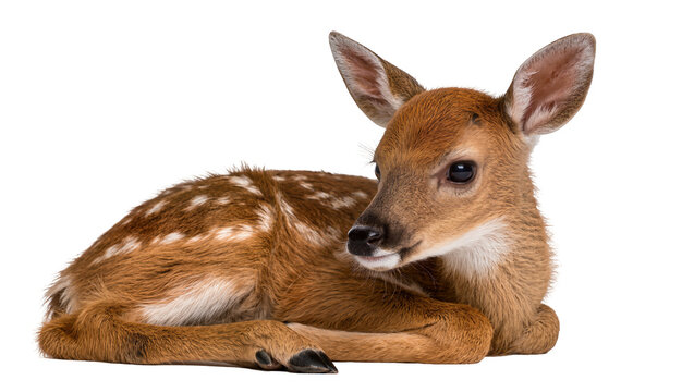 Spotted fawn lying down, isolated on transparent background
