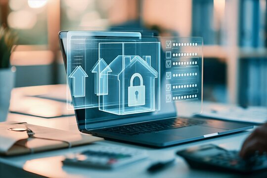 Secure Mortgage Document Upload on Laptop with Holographic Lock Interface