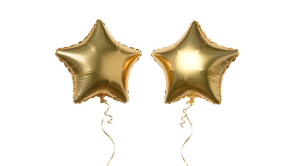 Two shiny golden star-shaped foil balloons with curly ribbons, isolated on transparent background © Aliona