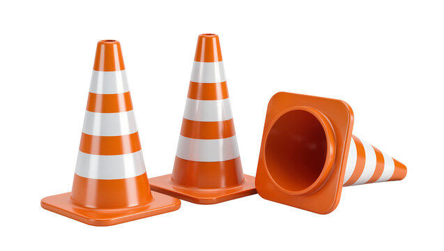 Orange and white striped traffic cones one lying down, isolated on transparent background