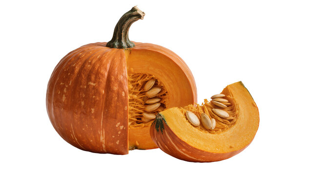 Whole orange pumpkin with cut slice showing seeds, isolated on transparent background