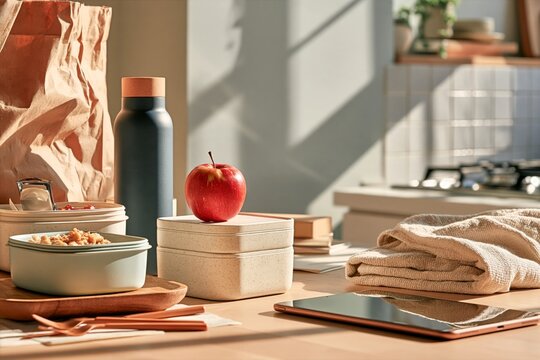 Organized Meal Containers and Tablet on a Sunlit Kitchen Table
