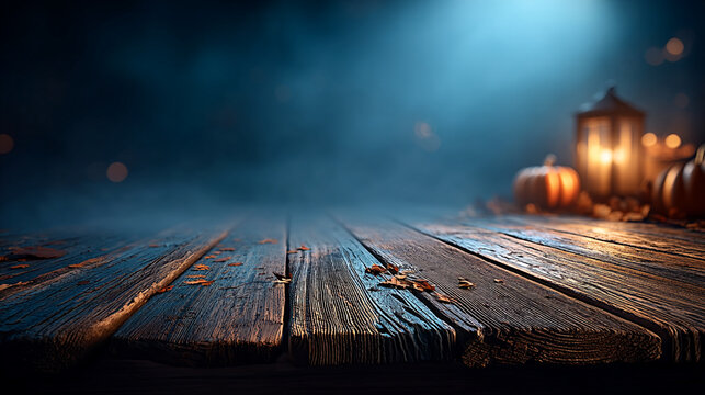 Rustic wooden table surface in a dark misty halloween night setting with glowing candles
