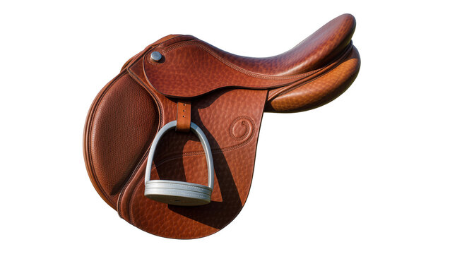 Brown leather equestrian saddle with metal stirrup, isolated on transparent background
