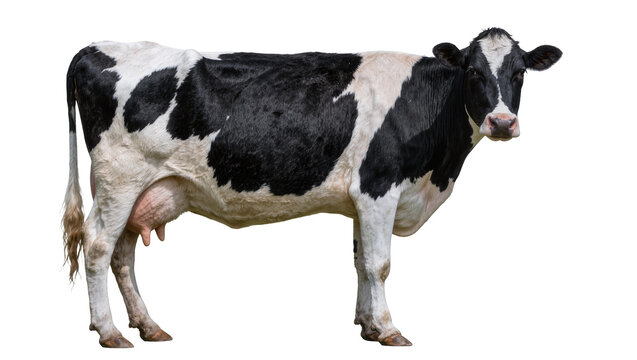 Black and white Holstein cow with udder, isolated on transparent background