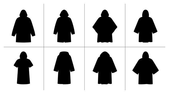 Hooded jackets and coats silhouettes set, different styles for men and women