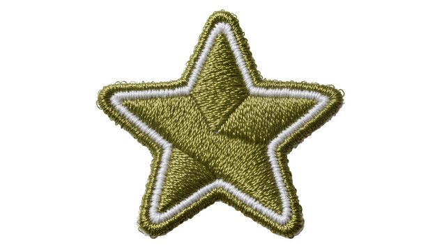 Olive green embroidered star patch with white border, isolated on transparent background
