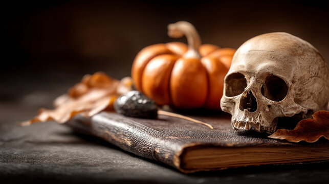 Human skull and small pumpkin resting on old leather book with autumn foliage