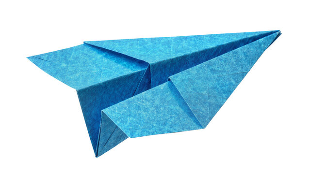 Blue textured paper airplane, isolated on transparent background