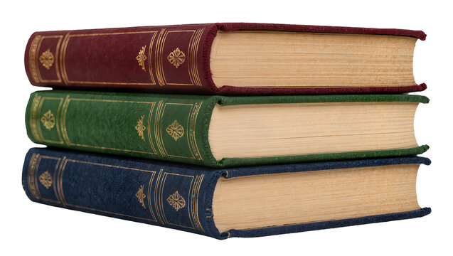 Stack of three antique hardcover books with gold embossed spines, isolated on transparent background