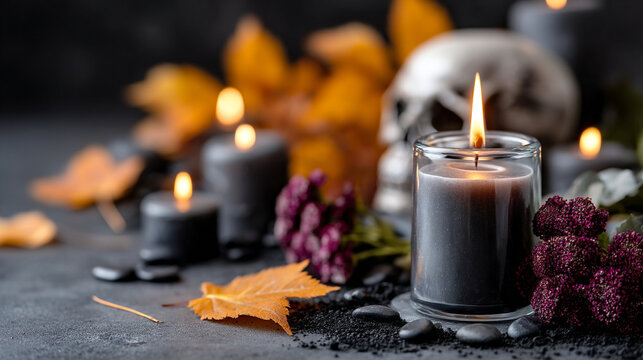 Halloween arrangement with burning candles and autumn leaves on dark surface