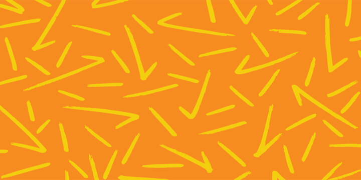 Abstract seamless pattern with yellow hand drawn scribble lines and tick marks on a warm mustard brown background. Vector texture for fabric, wrapping paper, wallpaper, and design background.