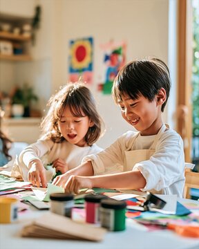 School Age Siblings Creating Crafts Together at Home