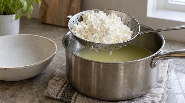Ricotta curds draining above a pot of whey