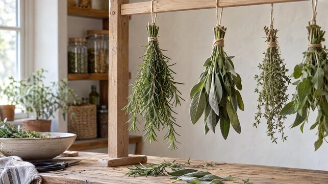 Fresh herb bundles hanging from a drying rack