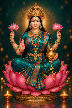 Majestic devi lakshmi wearing elegant teal saree dropping shiny gold coins over large blooming lotus base during festive kojagori lakshmi puja night