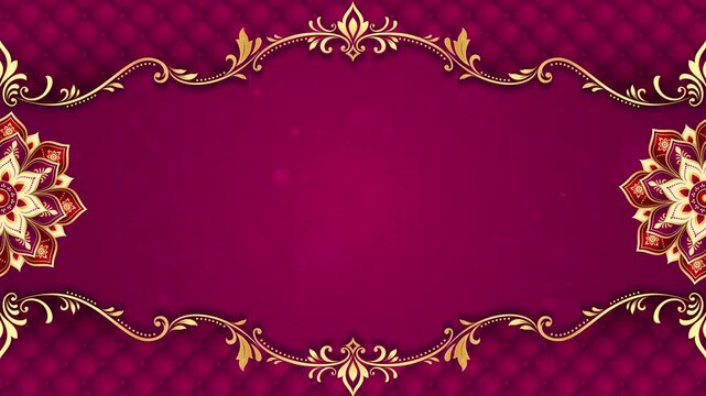 4K Seamless Loop Burgundy Magenta Background Animation with Golden Ornamental Mandala Frame, Quilted Diamond Pattern, Floral Decorations and Floating Bokeh Light Particles
