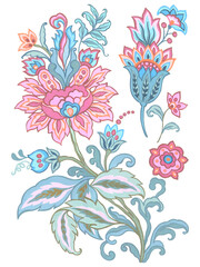 Beautiful damask motif folk art paisley watercolor design botanical floral abstract isolated elements © HoyaBouquet