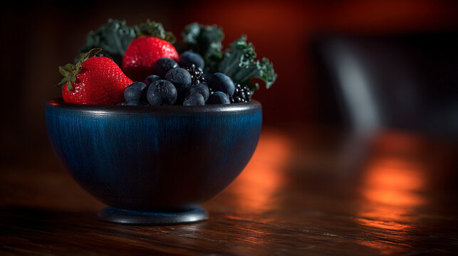 Bowl filled with fresh blueberries strawberries and kale leaves on rustic wooden table