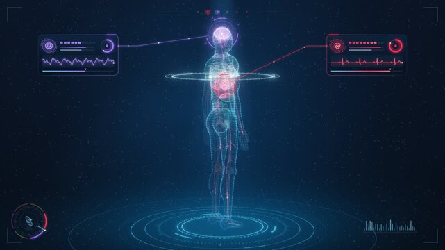 holographic rotating human body map with glowing disease zones and medical scan data loop 4k