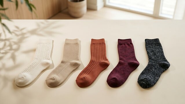 A variety of high-quality thermal knit socks in earthy tones including beige, terracotta, and charcoal, featuring different textures like ribbed and cable knit on a bright minimalist background.
