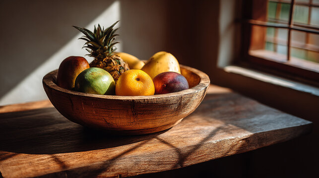 Assorted tropical fruits in a wooden bowl on a table near a window with fruit