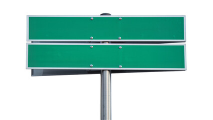 Two blank green directional signs on metal pole, isolated on transparent background © Corotaev