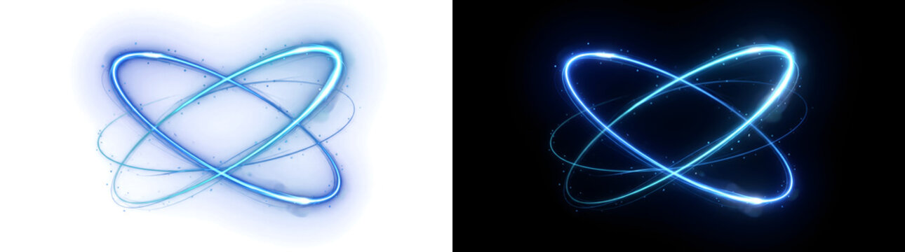 Orbit rings with glowing blue and cyan crossing ellipses and tiny sparkles forming an atom shape for science and technology designs in PNG, Transparent and Black Background Versions
