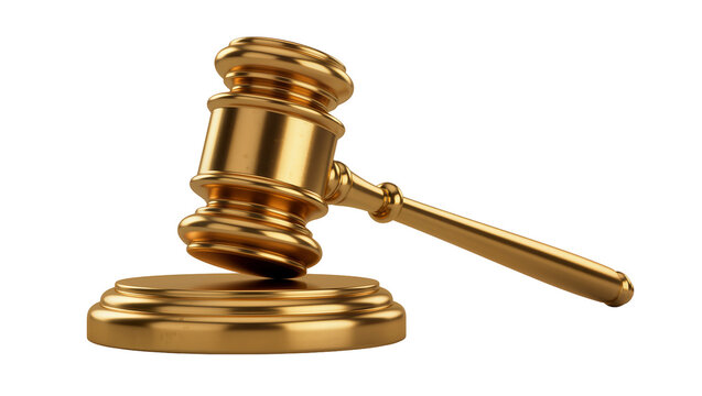 Shiny golden judge s gavel resting on its sounding block, isolated on transparent background
