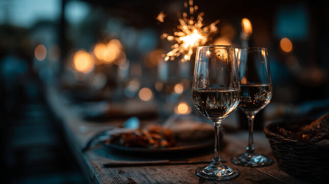 Two wine glasses on rustic table under bright sparks at evening celebration with glass