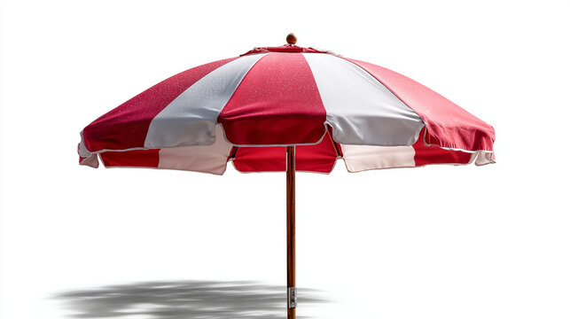 Open red and white striped beach umbrella standing on background with sunshade