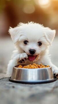 Cute fluffy puppy enjoying a meal from a shiny silver bowl, showcasing its adorable and playful nature while eagerly munching on delicious crunchy dog food outdoors.