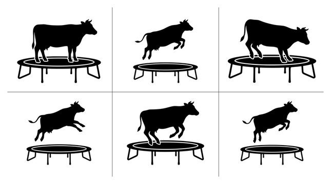 Cow jumping on trampoline silhouettes set, farm animal fun and exercise