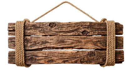 Rustic wooden plank sign with thick rope binding, isolated on transparent background © Corotaev