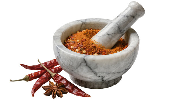Marble mortar and pestle with chili powder and dried peppers, isolated on transparent background